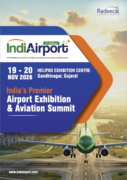 Promotional poster for IndiAirport, featuring an airplane on a runway, with event details and location for the exhibition and summit in Gandhinagar, Gujarat.