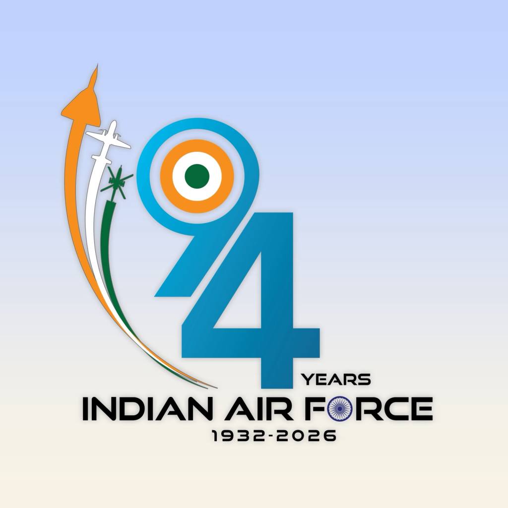 Logo commemorating 94 years of the Indian Air Force, featuring the number '94', the phrase 'Years', and the dates '1932-2026', designed with elements representing aviation and the Indian flag.